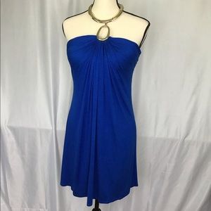 blue cache dress with metal halter and clasp